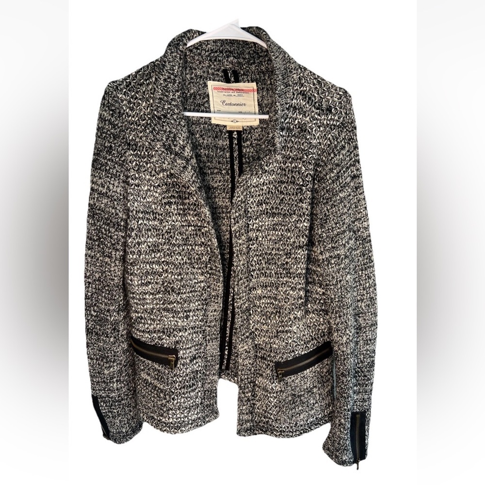 Anthropologie CARTONNIER Knit Open Blazer Jacket Black White Women’s Size L